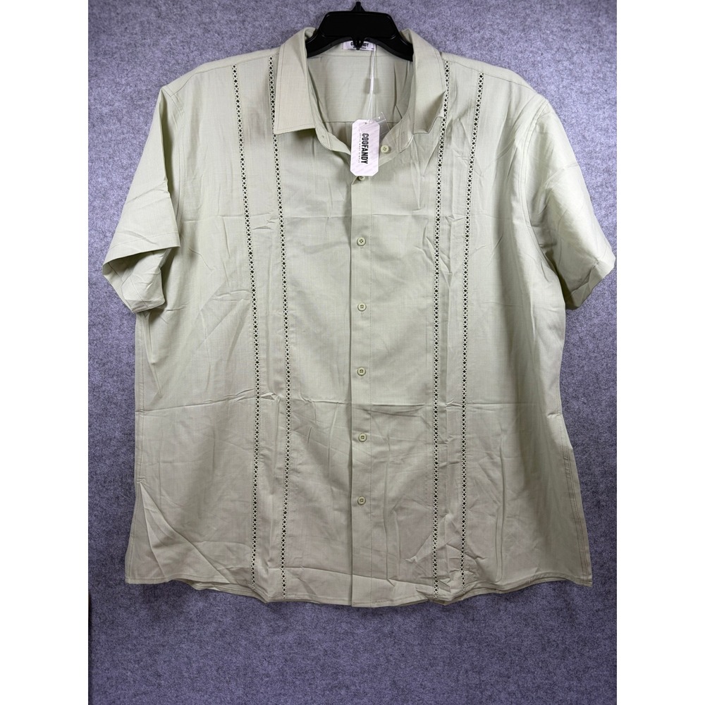 Coofandy Mens 4XL Guayabera Shirt Sage Green Short Sleeve Crochet Panel New